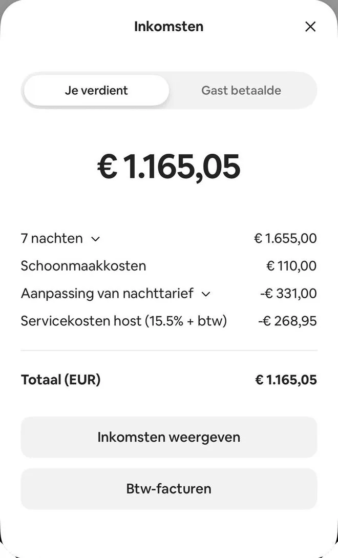 An Airbnb earnings screen in Dutch for a seven-night stay: €1,655.00 for 7 nights, €110.00 cleaning fee, a nightly rate adjustment of minus €331.00, host service fee (15.5% plus VAT) of minus €268.95, total €1,165.05