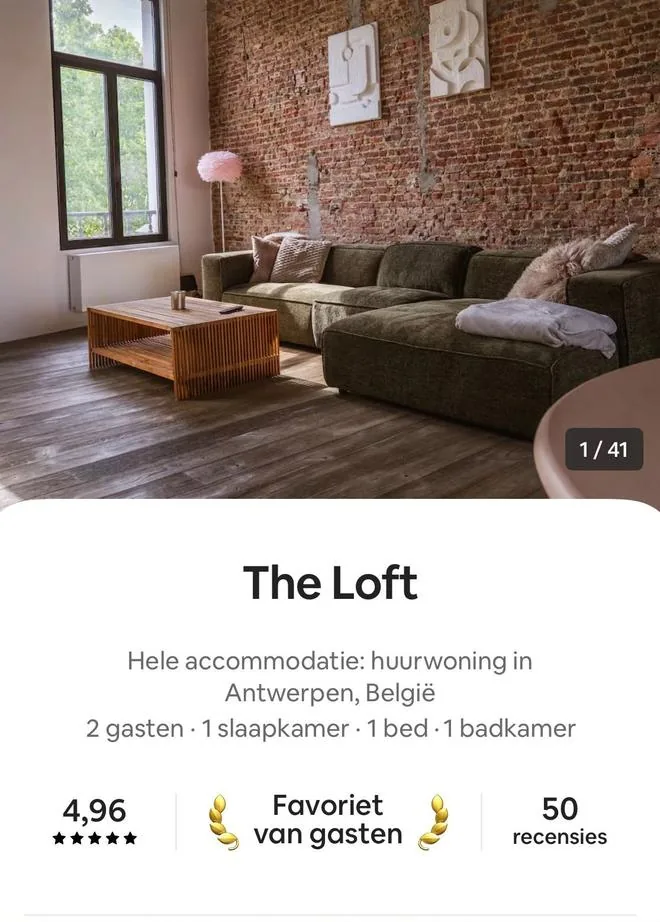Airbnb listing The Loft in Antwerp, rated 4.96 from 50 reviews, guest favourite