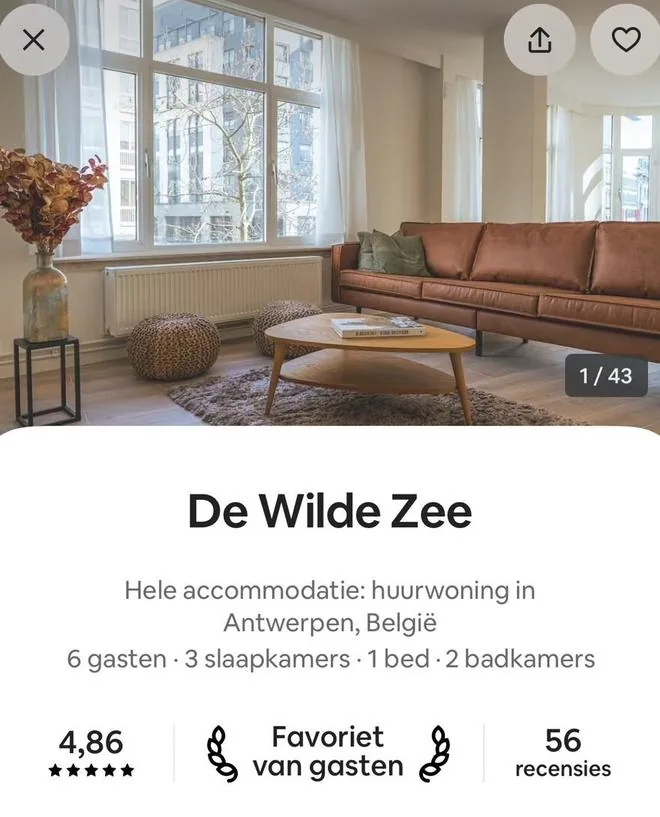 Airbnb listing De Wilde Zee in Antwerp, rated 4.86 from 56 reviews, guest favourite