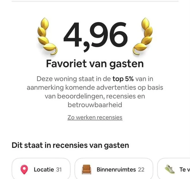 Airbnb rating panel, 4.96, guest favourite, in the top 5% of eligible listings