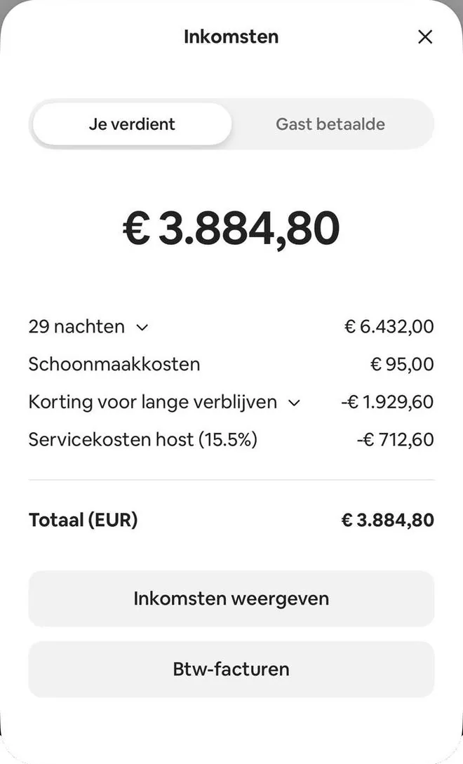 Airbnb payout screen, 29 nights, total €3,884.80