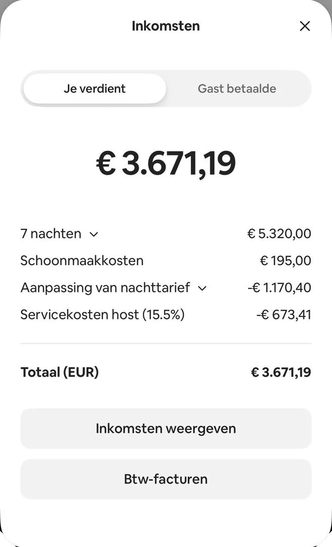 Airbnb payout screen, 7 nights, total €3,671.19