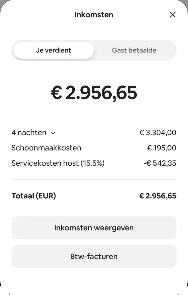 Airbnb payout screen, 4 nights, total €2,956.65