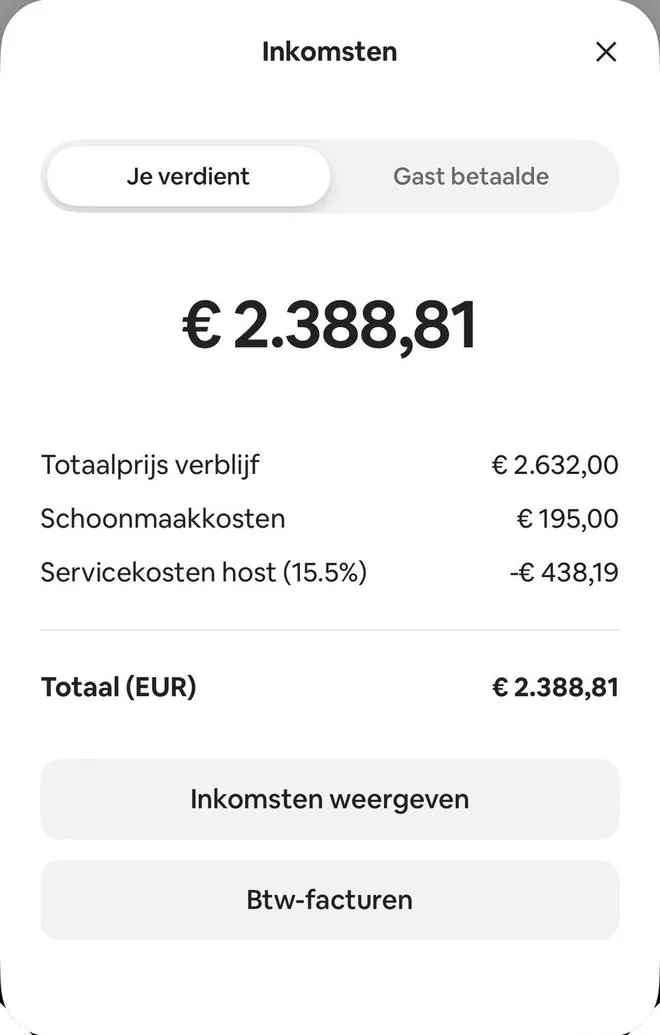 Airbnb payout screen, one booking, total €2,388.81