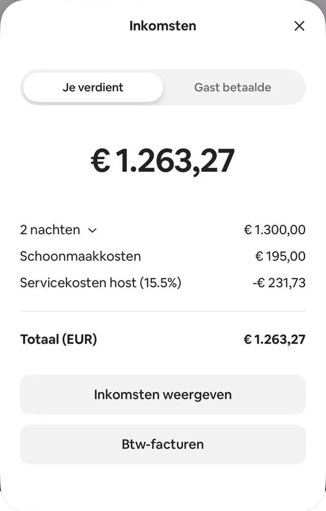 Airbnb payout screen, 2 nights, total €1,263.27