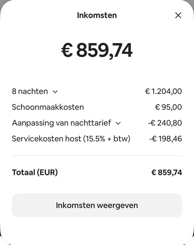 Airbnb payout screen, 8 nights, total €859.74