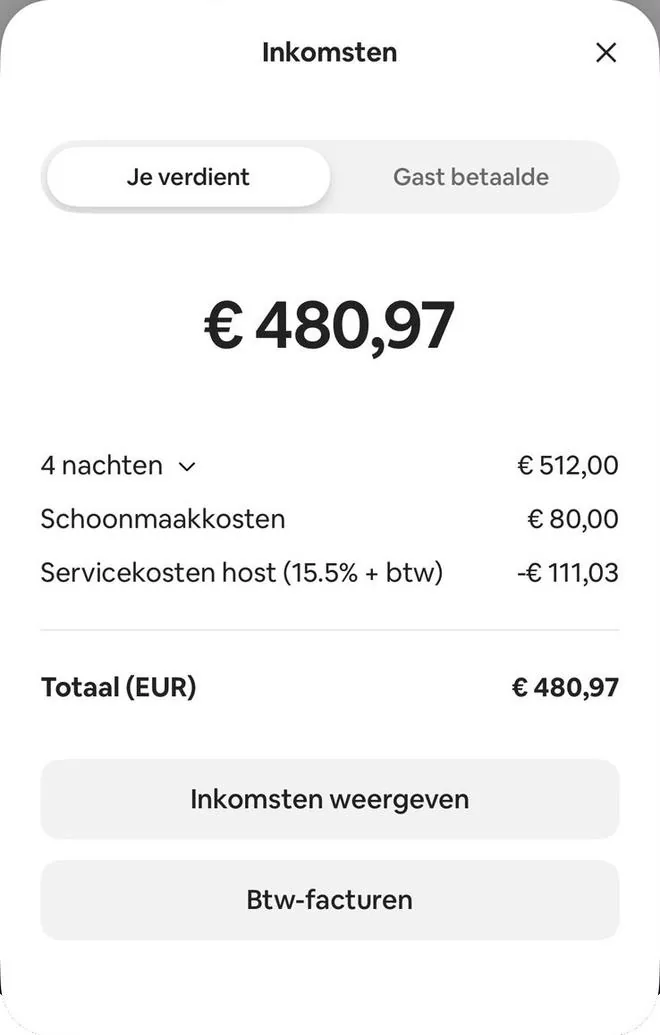 Airbnb payout screen, 4 nights, total €480.97