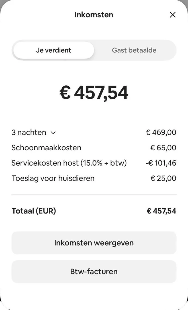 Airbnb payout screen, 3 nights, total €457.54